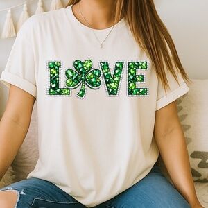 St Patrick's T-shirt Emerald Sparkly Faux Rhinestone Love Clove S M L XL New